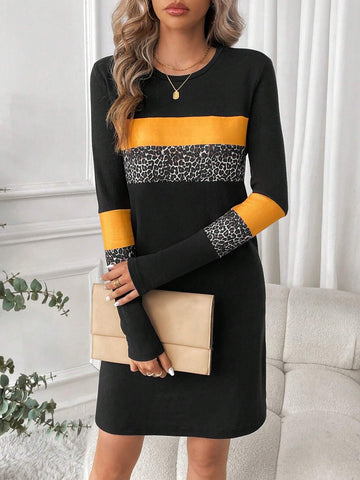 Women's Round Neck Long Sleeve Striped Splice Mini Dress, Casual Everyday Wear