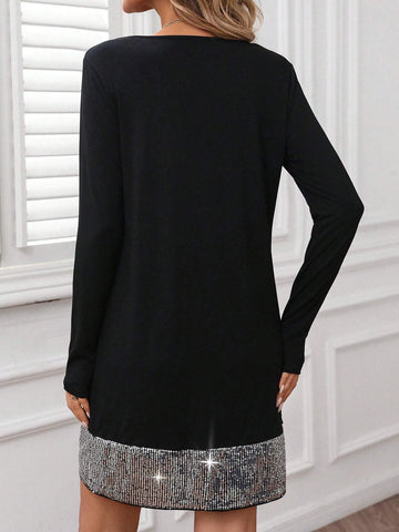 Women's Round Neck Sequin Patchwork Long Sleeve Short Dress, Autumn