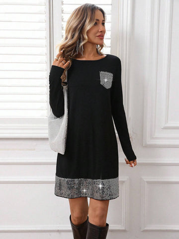 Women's Round Neck Sequin Patchwork Long Sleeve Short Dress, Autumn