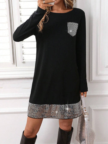 Women's Round Neck Sequin Patchwork Long Sleeve Short Dress, Autumn