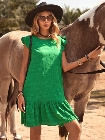 Women's Round Neck Short Puff Sleeves Textured Floral Dress With Ruffle Hem For Casual/ Vacation, G