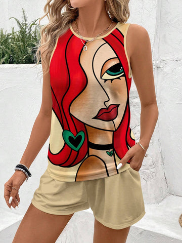 Women's Round Neck Sleeveless Vest With Face Print And Solid Color Drawstring Pocket Shorts Casual 2pcs Summer Outfits
