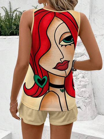 Women's Round Neck Sleeveless Vest With Face Print And Solid Color Drawstring Pocket Shorts Casual 2pcs Summer Outfits