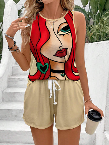 Women's Round Neck Sleeveless Vest With Face Print And Solid Color Drawstring Pocket Shorts Casual 2pcs Summer Outfits