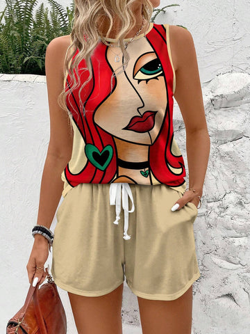 Women's Round Neck Sleeveless Vest With Face Print And Solid Color Drawstring Pocket Shorts Casual 2pcs Summer Outfits