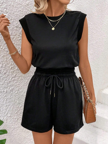 Women's Round Neck Solid Color Top And Drawstring Waist Shorts 2pcs/Set