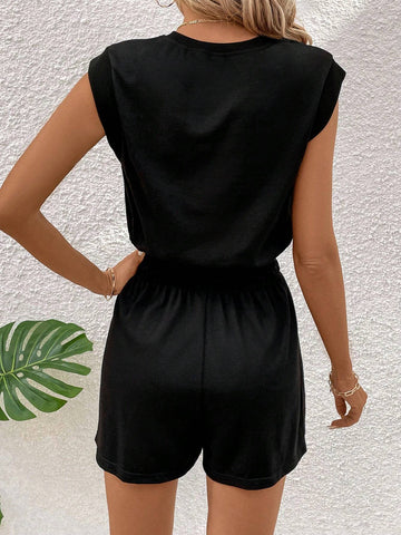 Women's Round Neck Solid Color Top And Drawstring Waist Shorts 2pcs/Set