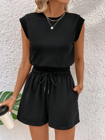 Women's Round Neck Solid Color Top And Drawstring Waist Shorts 2pcs/Set