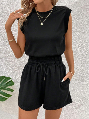 Women's Round Neck Solid Color Top And Drawstring Waist Shorts 2pcs/Set