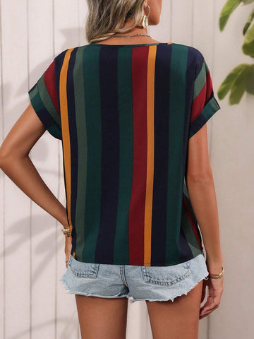 LUNE Women's Round Neck Striped Printed Off-Shoulder Casual Summer Blouse