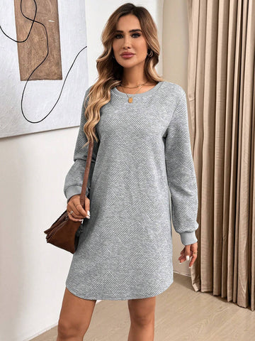 Women's Round Neck, Textured, Lined Casual Sports Street-Wear Pullover Sweatshirt Dress,