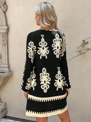 Women's Round Neck V-Neck Lantern Sleeve Retro A-Line Dress With Geometric Pattern, Casu