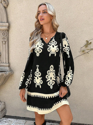 Women's Round Neck V-Neck Lantern Sleeve Retro A-Line Dress With Geometric Pattern, Casu