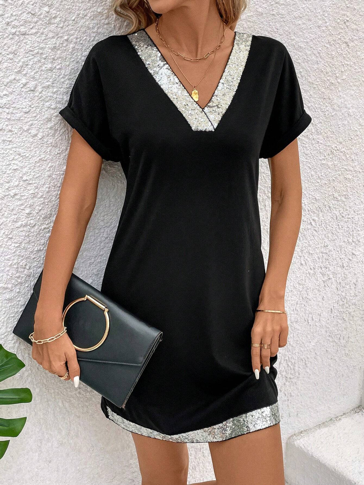 Women's Sequin Patchwork Batwing Sleeve Dress
