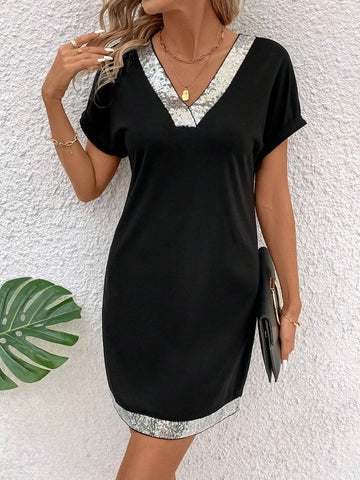 Women's Sequin Patchwork Batwing Sleeve Dress
