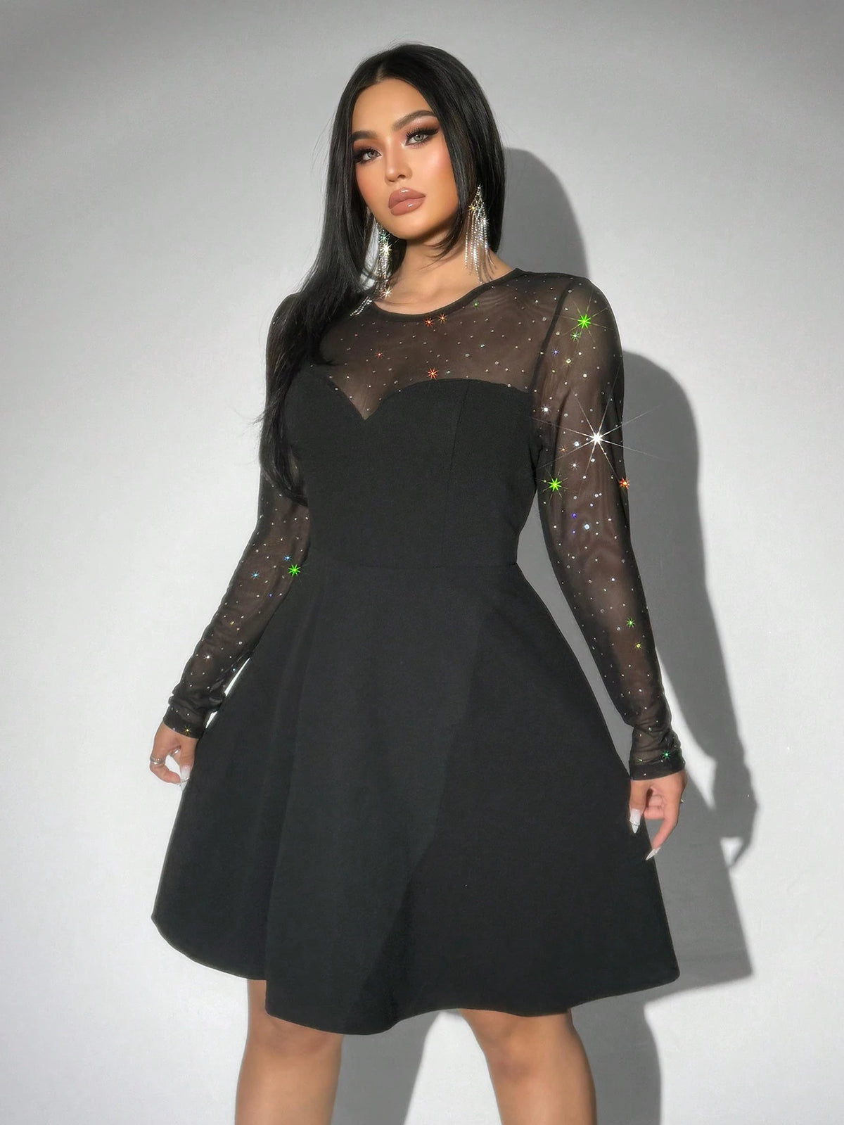Women's Sequin & Mesh Patchwork Long Sleeve Cinched Waist A-Line Dress