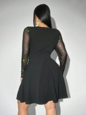 Women's Sequin & Mesh Patchwork Long Sleeve Cinched Waist A-Line Dress