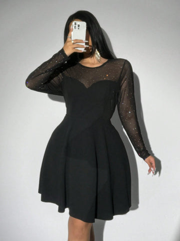 Women's Sequin & Mesh Patchwork Long Sleeve Cinched Waist A-Line Dress