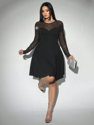 Women's Sequin & Mesh Patchwork Long Sleeve Cinched Waist A-Line Dress