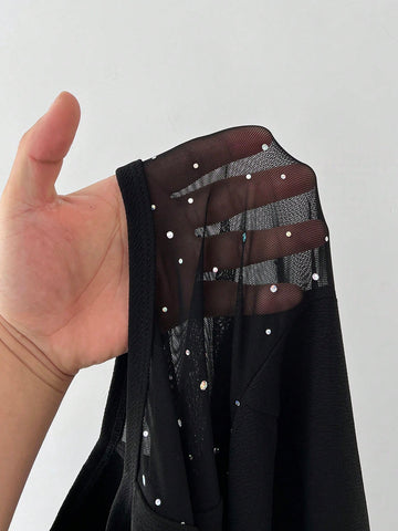 Women's Sequin & Mesh Patchwork Long Sleeve Cinched Waist A-Line Dress