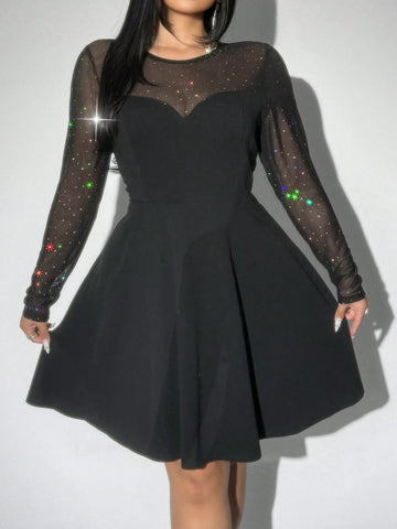 Women's Sequin & Mesh Patchwork Long Sleeve Cinched Waist A-Line Dress