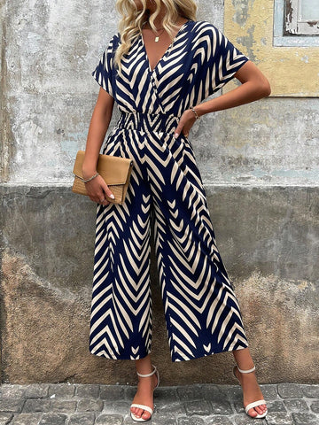 Women's Shirred Batwing Sleeve Printed Jumpsuit, With Gathered Waist For Holiday And Summer