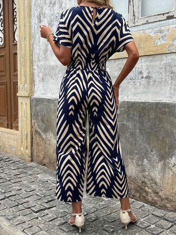 Women's Shirred Batwing Sleeve Printed Jumpsuit, With Gathered Waist For Holiday And Summer