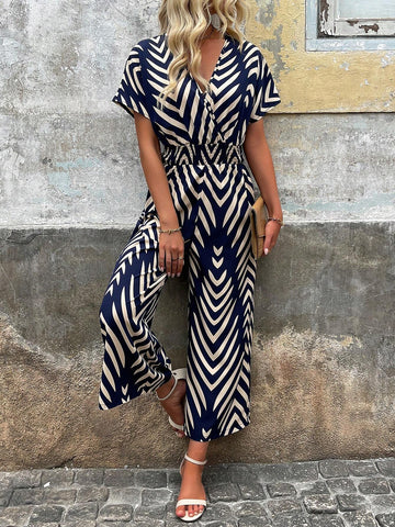 Women's Shirred Batwing Sleeve Printed Jumpsuit, With Gathered Waist For Holiday And Summer