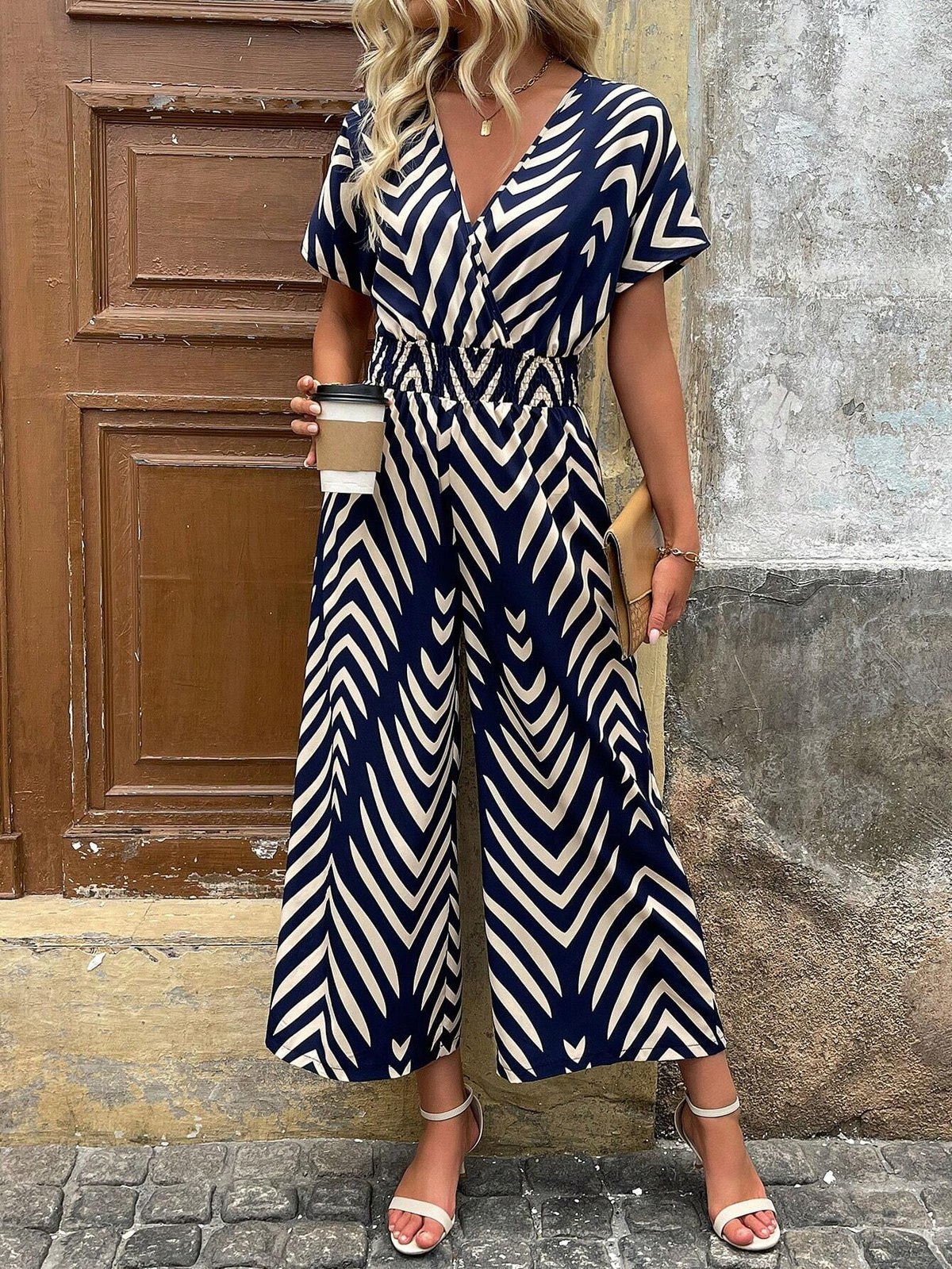 Women's Shirred Batwing Sleeve Printed Jumpsuit, With Gathered Waist For Holiday And Summer