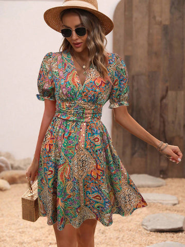 Women's Short Bubble Sleeve Vacation Dress With Plant Print, V-Neck Design