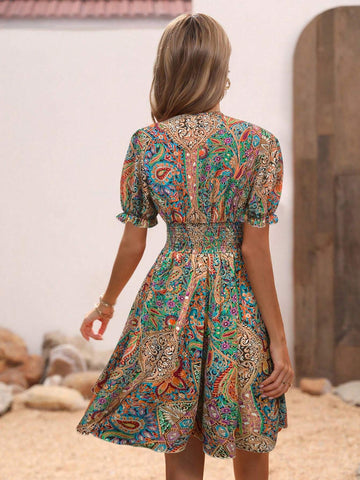 Women's Short Bubble Sleeve Vacation Dress With Plant Print, V-Neck Design