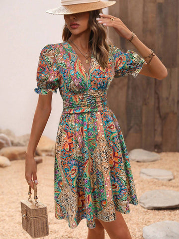 Women's Short Bubble Sleeve Vacation Dress With Plant Print, V-Neck Design