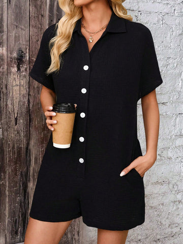 Women's Short Buttoned Jumpsuit With Turn Down Collar, Batwing Sleeves And Double Pockets