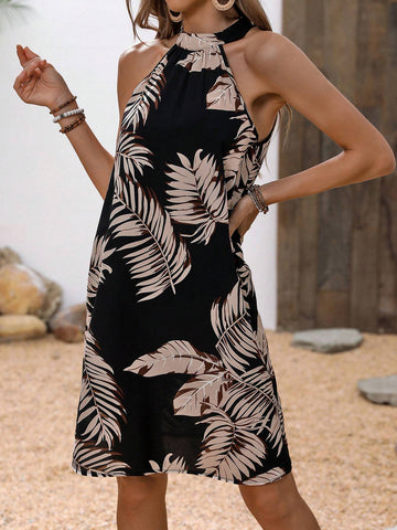 Women's Short Halter Neck Vacation Style Dress With Tropical Plant Print For Summer