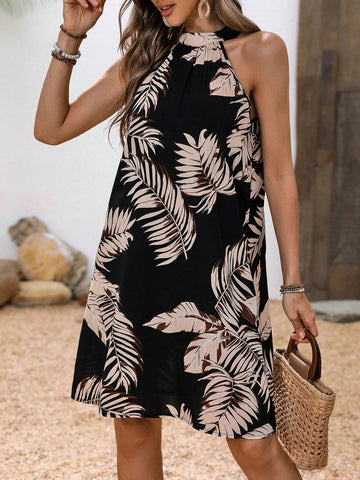 Women's Short Halter Neck Vacation Style Dress With Tropical Plant Print For Summer