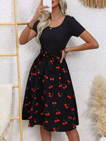 Women's Short Sleeve Cherry Print Round Neck Dress