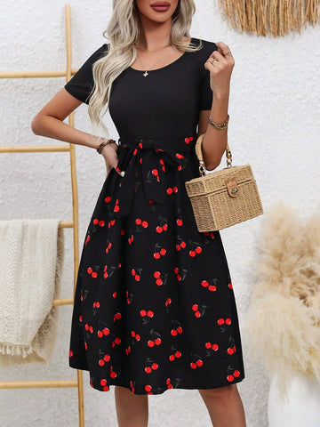 Women's Short Sleeve Cherry Print Round Neck Dress