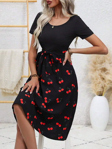 Women's Short Sleeve Cherry Print Round Neck Dress
