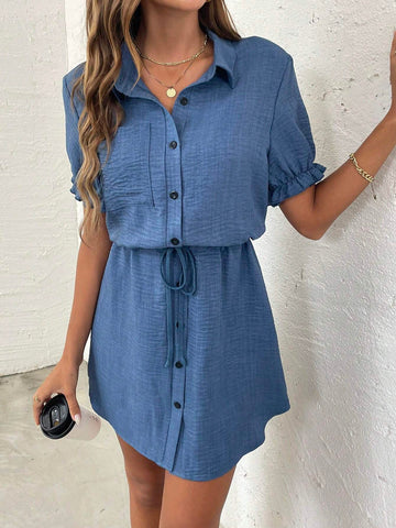Women's Short Sleeve Denim-Look Bow Tie Waist Cinched Waist Dress