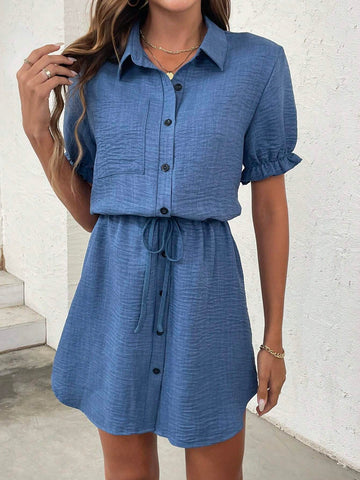 Women's Short Sleeve Denim-Look Bow Tie Waist Cinched Waist Dress