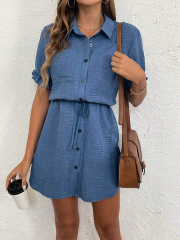 Women's Short Sleeve Denim-Look Bow Tie Waist Cinched Waist Dress