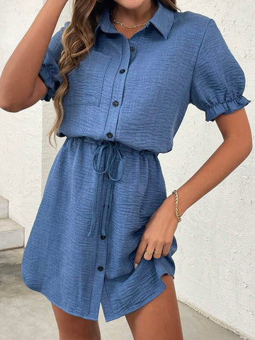 Women's Short Sleeve Denim-Look Bow Tie Waist Cinched Waist Dress