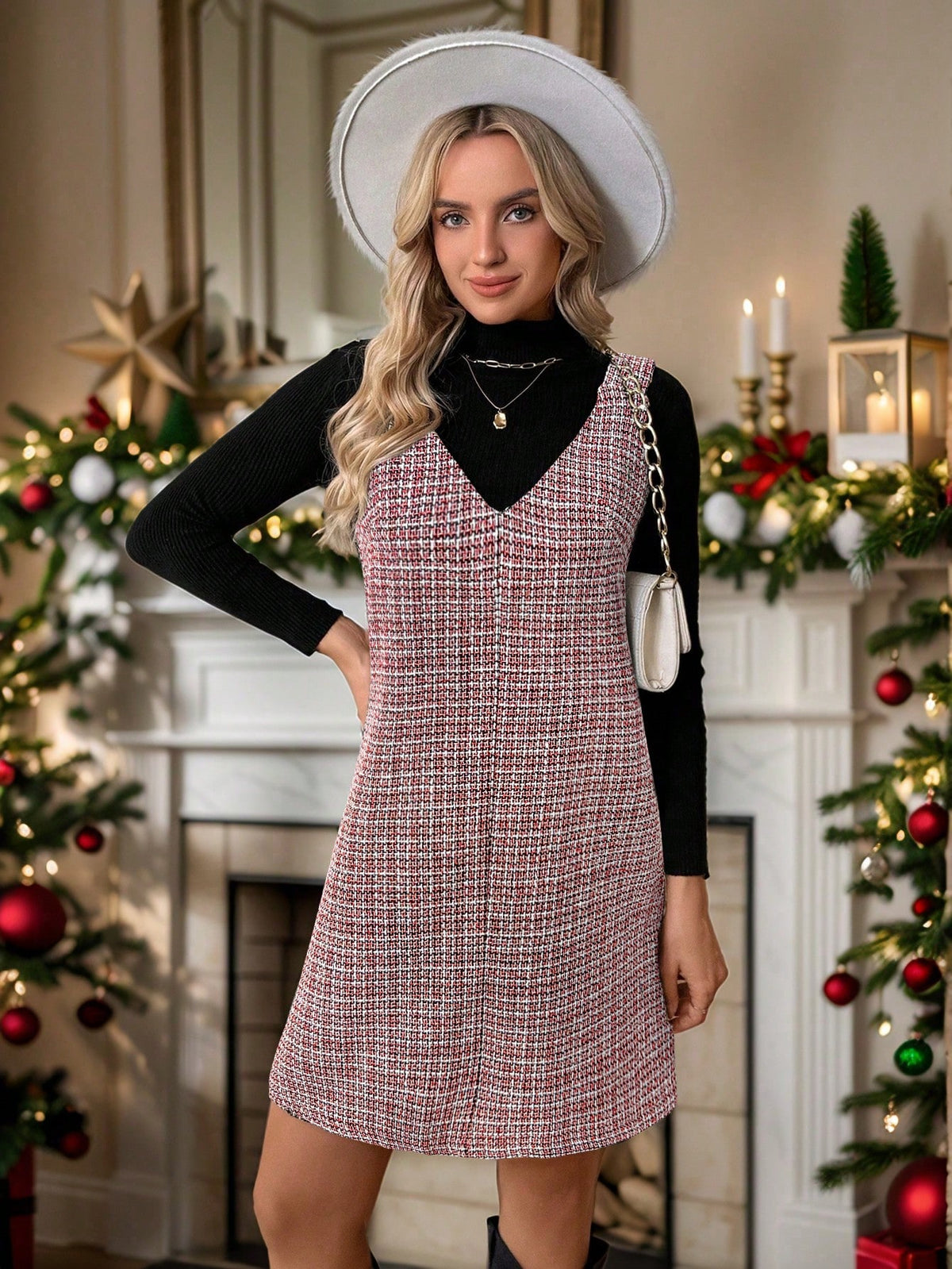 Women's Short Tweed Pinafore Dress, Black And White, Autumn/Winter