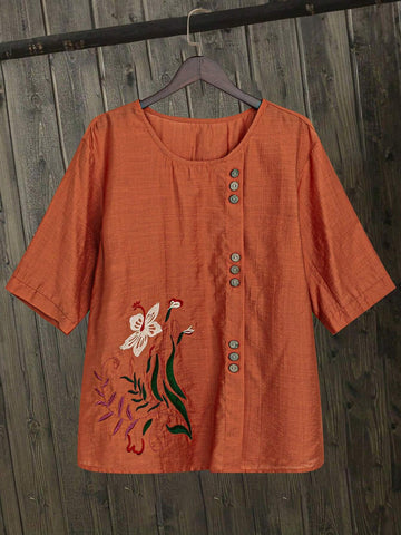 LUNE Women's Simple Embroidered Short Sleeve Shirt For Daily Wear