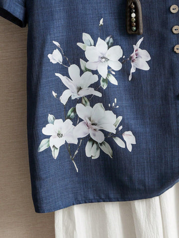 LUNE Women's Simple Floral Printed Round Neck Daily Shirt