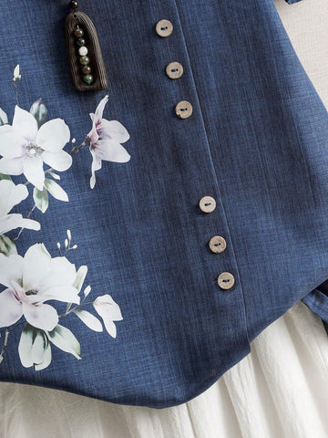 LUNE Women's Simple Floral Printed Round Neck Daily Shirt