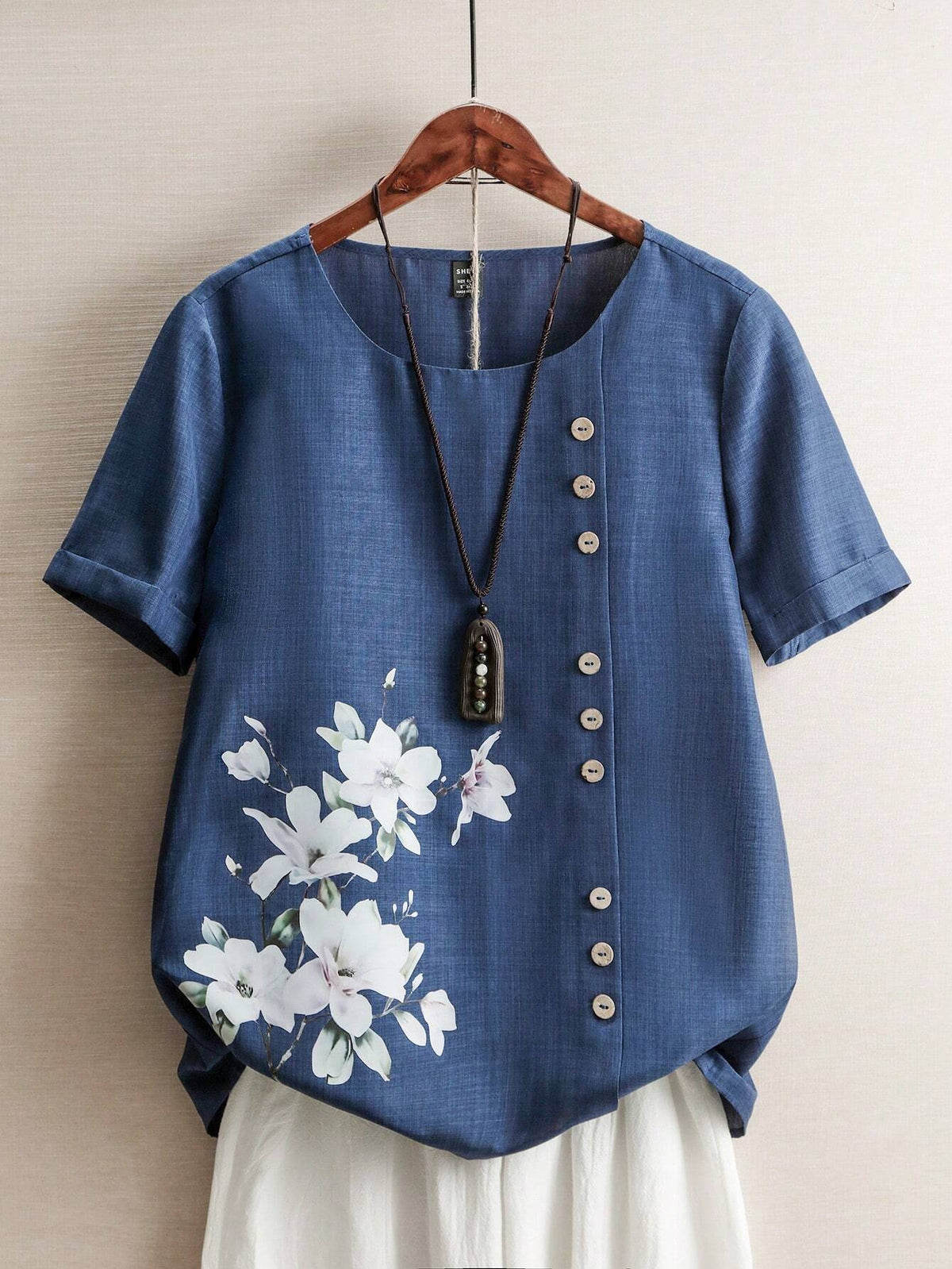 LUNE Women's Simple Floral Printed Round Neck Daily Shirt