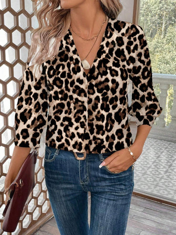 LUNE Women's Simple Leopard Print Casual Office Blouse, Suitable For Autumn And Winter