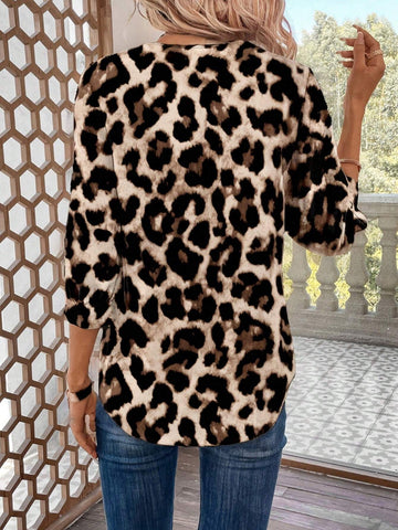LUNE Women's Simple Leopard Print Casual Office Blouse, Suitable For Autumn And Winter