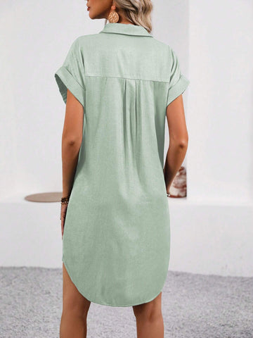 Women's Single-Breasted Batwing Sleeve Solid Color Summer Short Sleeve Dress